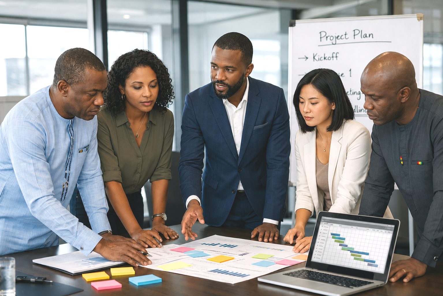A team reviewing a project plan around a table