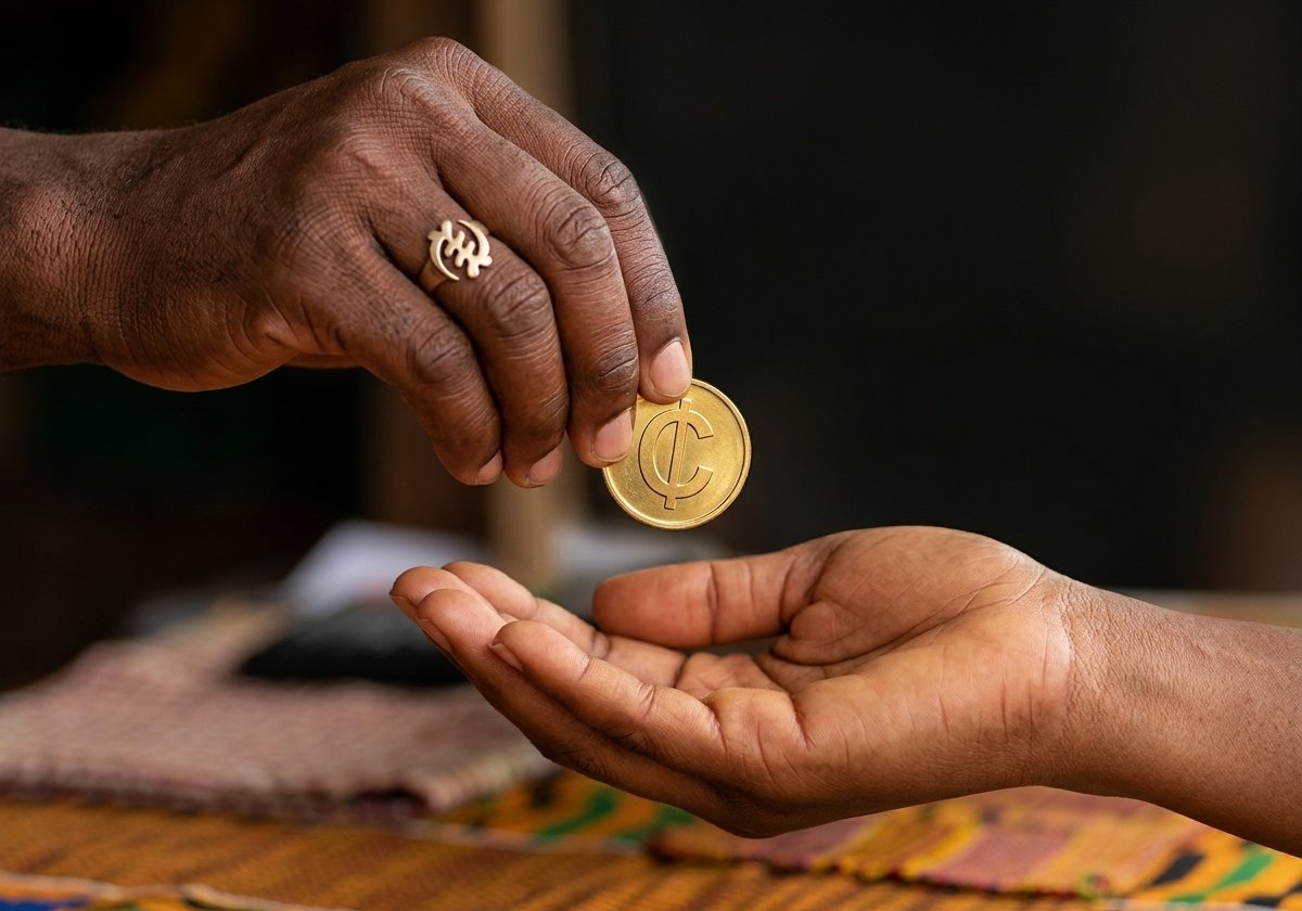 A coin being exchanged hand to hand